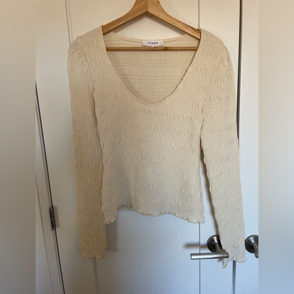 Frame Denim Cream Smocked Long Sleeve Scoop Neck Top